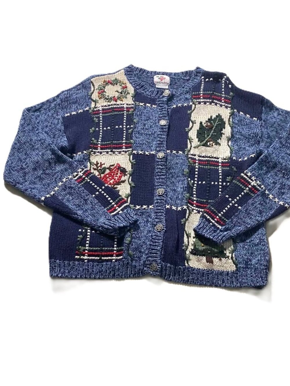 Vintage Nutcracker cardigan Sweater Women's M Christmas Patchwork Ramie Cotton